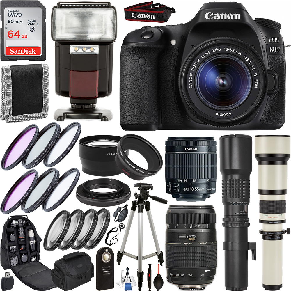 Canon EOS 80D DSLR with Canon EF-S 18-55mm f/3.5-5.6 IS STM - 1263C005, Tamron 70-300 f/4-5.6 Di LD Macro AF Lens - AF017C-700 and Professional Lens Bundle