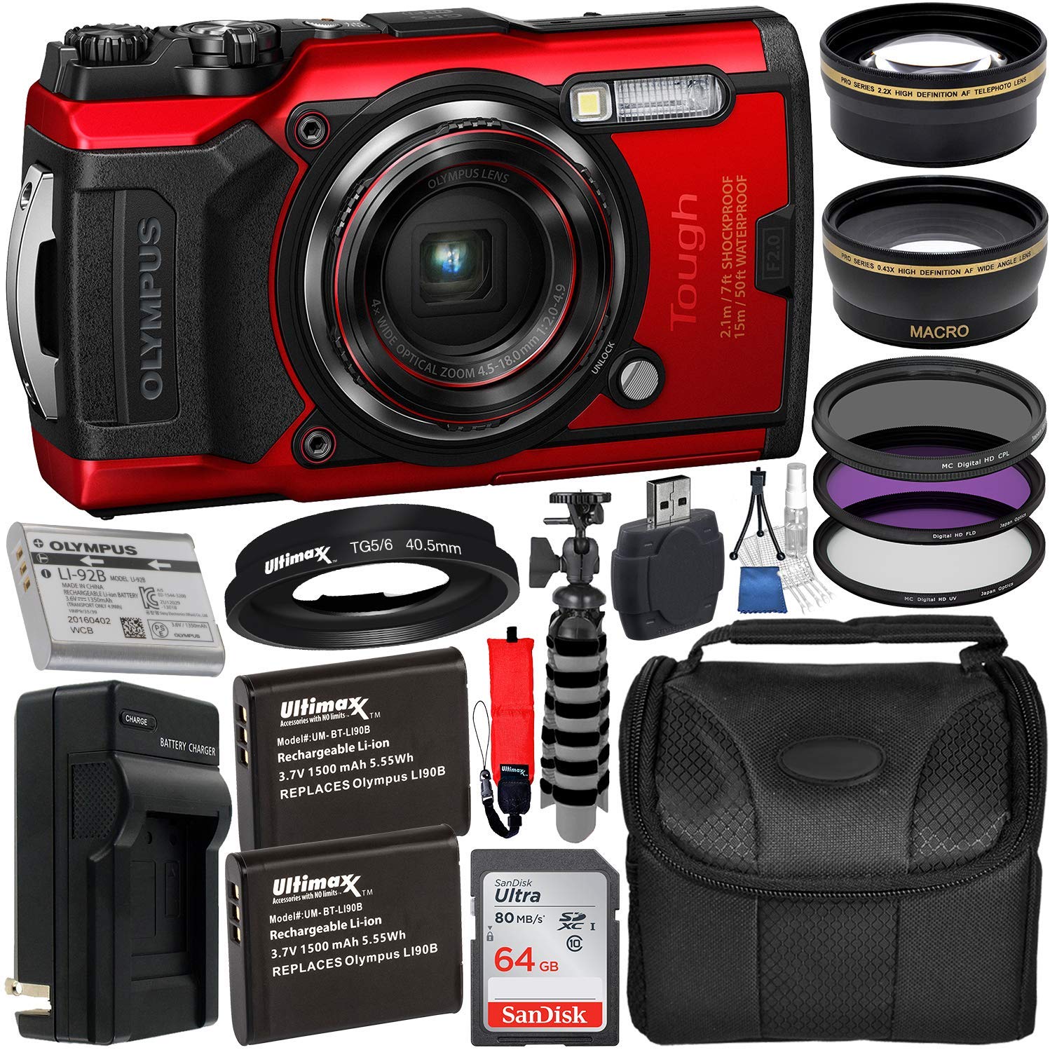 Olympus Tough TG-6 Digital Camera (Red) - V104210RU000 with Accessory Bundle