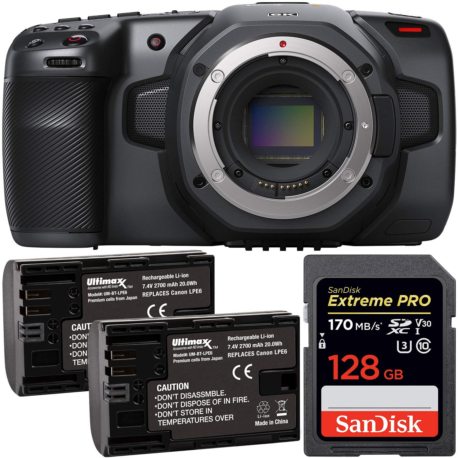 Blackmagic Design Pocket Cinema Camera 6K (EF Mount) - CINECAMPOCHDEF6K with 128GB Memory Card and 2 LP-E6 Replacement Batteries