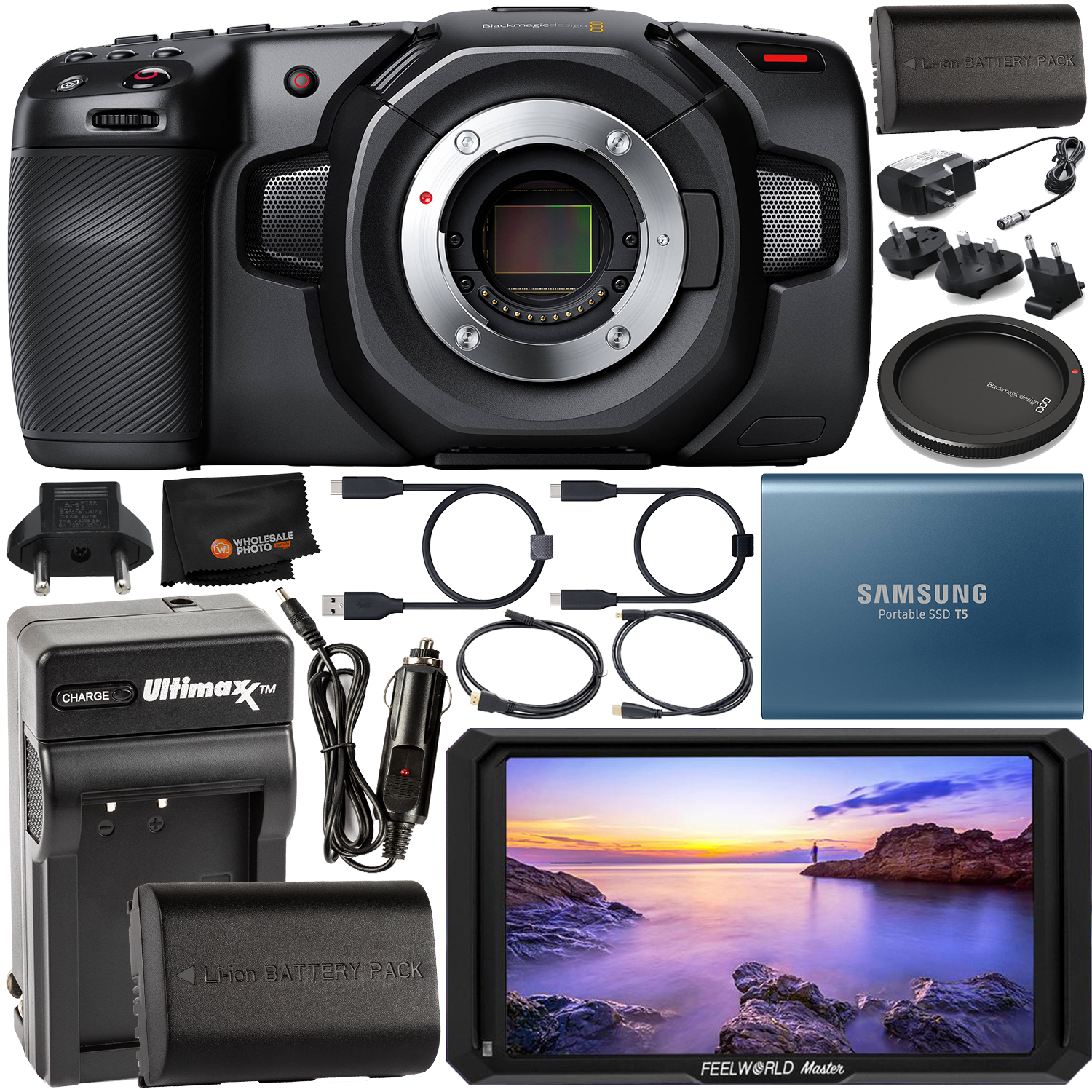 Blackmagic Design Pocket Cinema Camera 4K - CINECAMPOCHDMFT4K with FeelWorld Master MA5 5in 4K On-Camera Monitor with HDMI Input/Output and Accessory Bundle