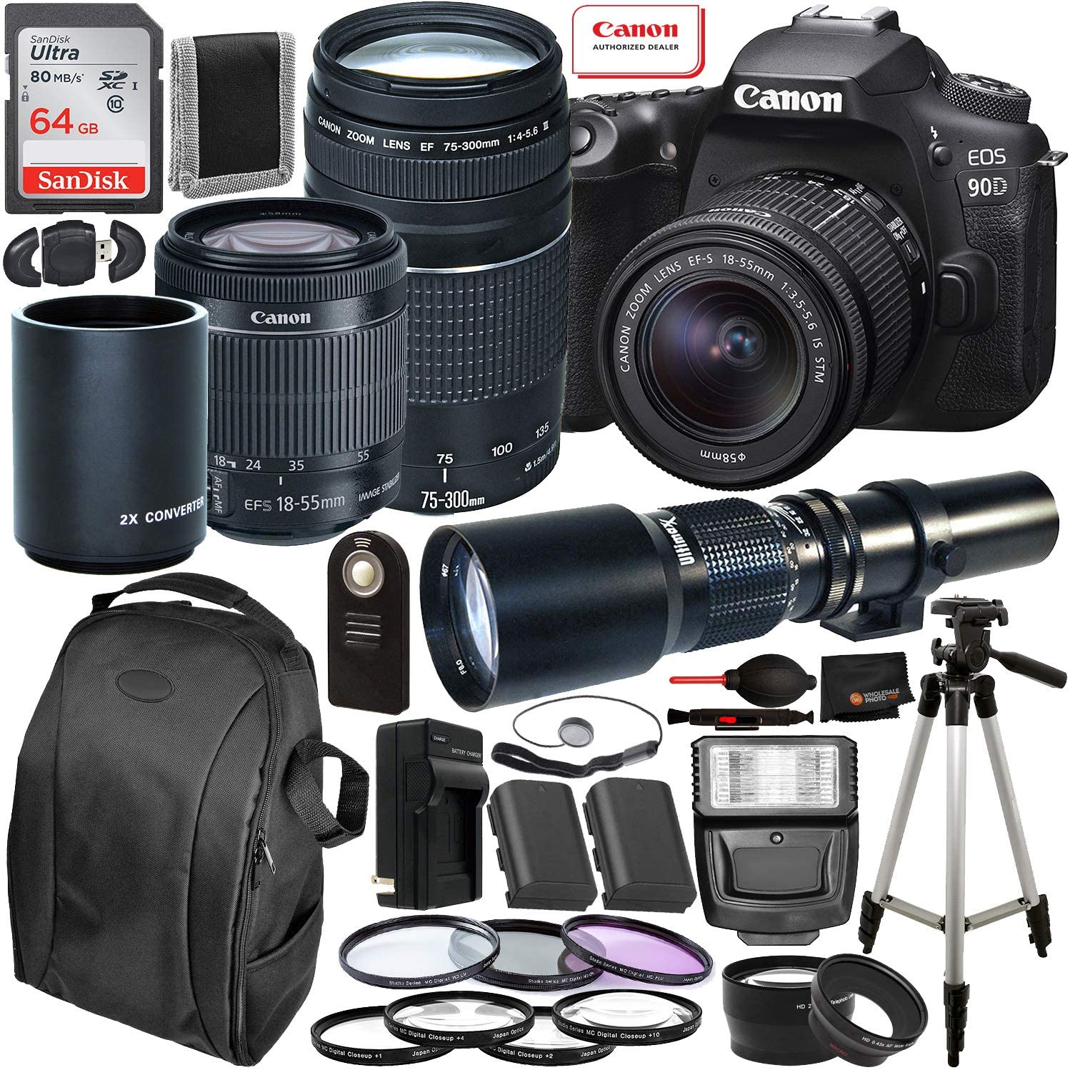 Canon EOS 90D DSLR Camera with 18-55mm (3616C009), 75-300mm & 500mm Lenses with 2X Teleconverter (1000mm) & T-Mount Adapter Professional Bundle â?? Includes: SanDisk Ultra 64GB SDXC Memory Card + More