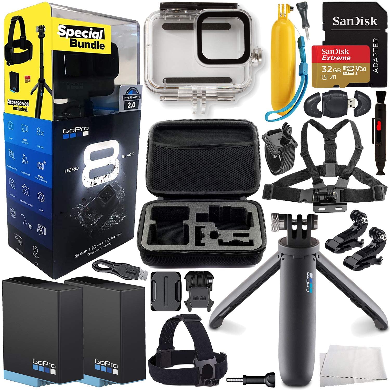 GoPro HERO8 (Hero 8) Action Camera (Black) 2019 Bundle & Additional Accessories - Includes: Extreme 32GB microSD, Shorty, Head Strap, Underwater Housing, Carrying Case & More