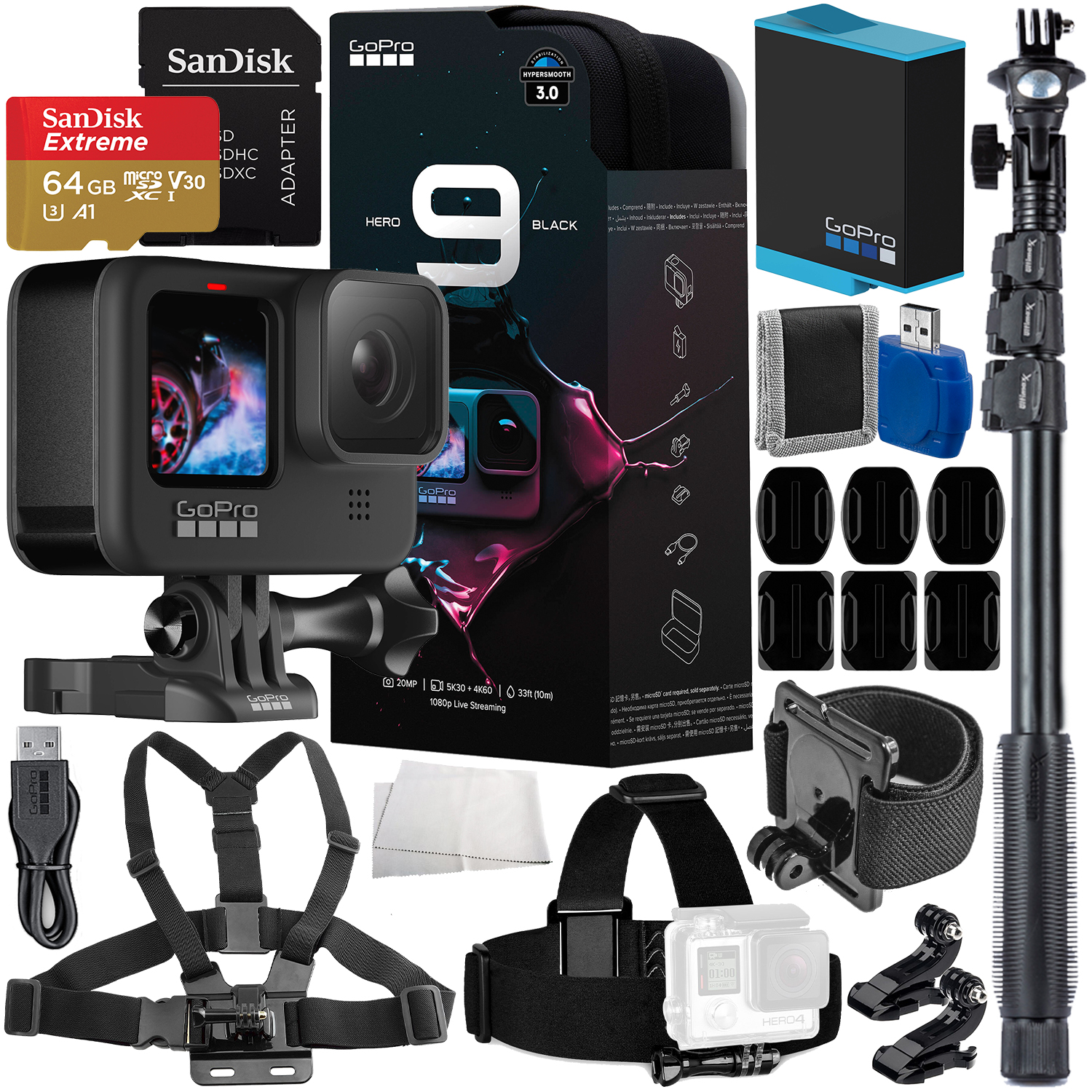 GoPro HERO9 (Hero 9) Action Camera (Black) with Starter Accessory Bundle - Includes: SanDisk Extreme 64GB microSDXC Memory Card, 48â? Selfie Stick / Monopod, Head Strap, Chest Strap, Wrist Strap & MORE