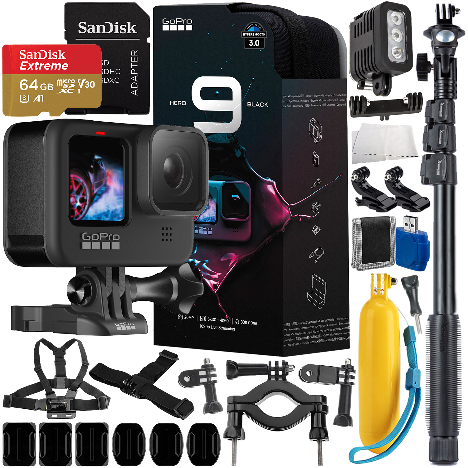 GoPro HERO9 (Hero 9) Action Camera (Black) with Water Sports Accessory Bundle - Includes: SanDisk Extreme 64GB microSDXC Memory Card, Underwater LED Light, 48â? Selfie Stick / Monopod, & MUCH MORE