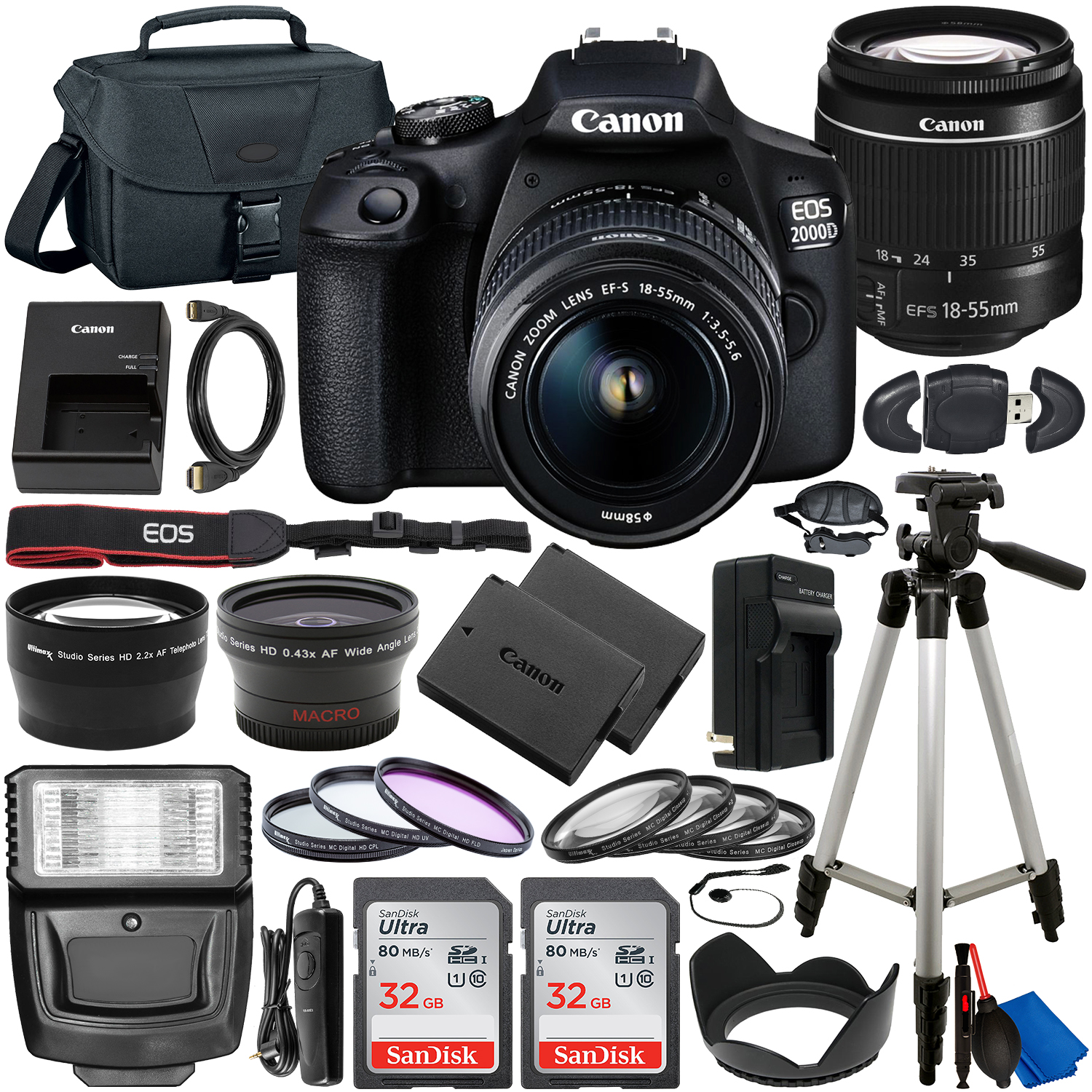 Canon EOS 2000D (Rebel T7) DSLR Camera with EF-S 18-55mm f/3.5-5.6 DC III Lens & Deluxe Accessory Bundle – Includes: 2x SanDisk Ultra 32GB SDHC Memory Card,   Battery, Carrying Case & MORE