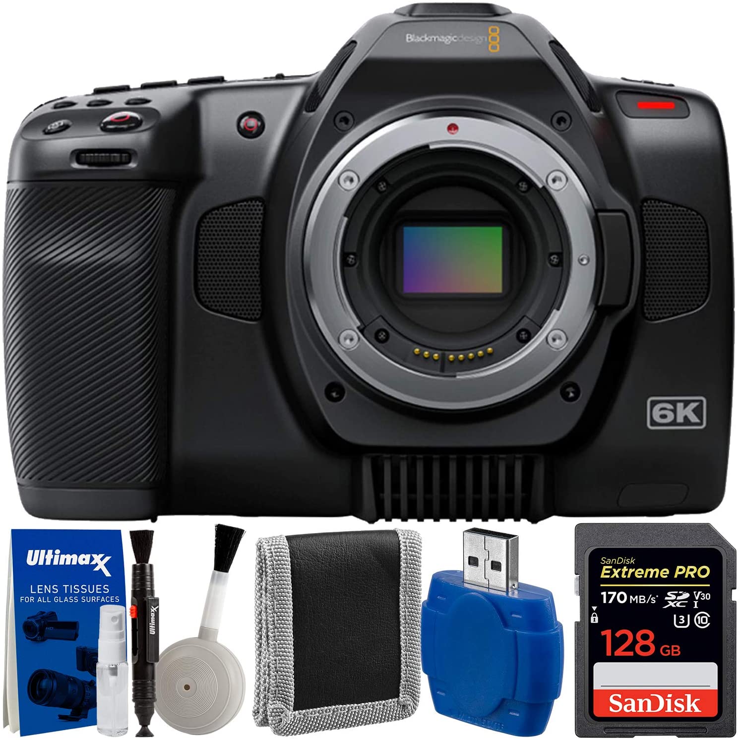 Blackmagic Design Pocket Cinema Camera 6K Pro (Canon EF) with SanDisk Extreme PRO 128GB SDXC Memory Card (UHS-I/V30/U3/Class-10), High-Speed Card Reader, Memory Card Wallet, & Maintenance Kit