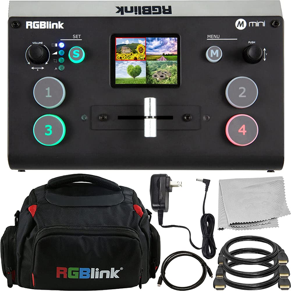 RGBlink Mini Streaming Switcher with Starter Accessory Bundle. Includes: Carrying Case, 3X HDMI Cables (1x-Standard HDMI Cable, 1-x Micro HDMI Cable, & 1x- Mini HDMI Cable) Plus Microfiber Cloth.