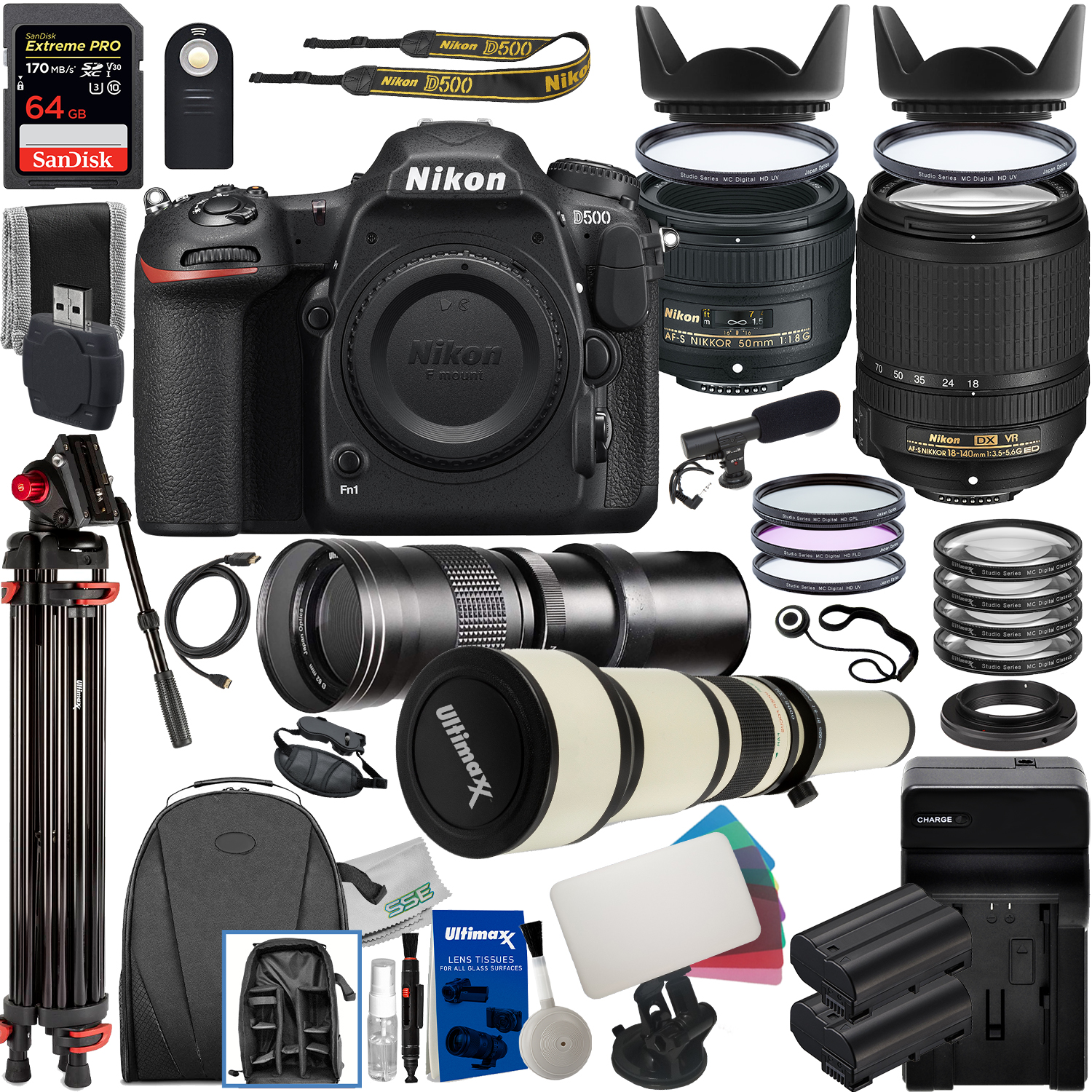 Nikon D500 DSLR Camera with 18-140mm Lens, 50mm Lens, 420-800mm Telephoto Zoom Lens, 650- 1300mm Manual Zoom Lens & Deluxe Bundle: SanDisk Extreme PRO 64GB SDXC, Heavy Duty 72â? Tripod & Much More