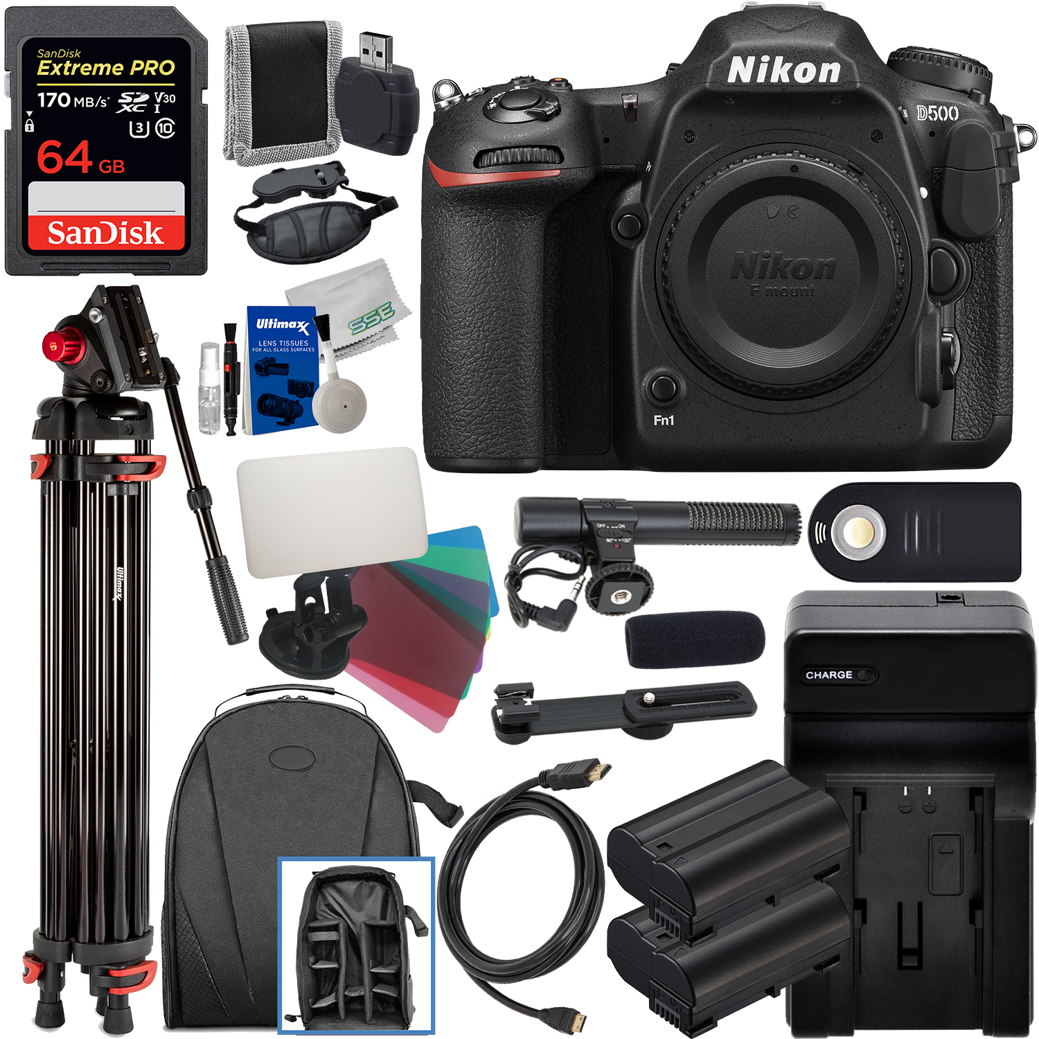 Nikon D500 DSLR Camera (Body Only) with Essential Accessory Bundle - Includes: SanDisk Extreme PRO 64GB SDXC, Heavy Duty 72â? Tripod, 2x Replacement Batteries, Water Resistant Backpack & Much More