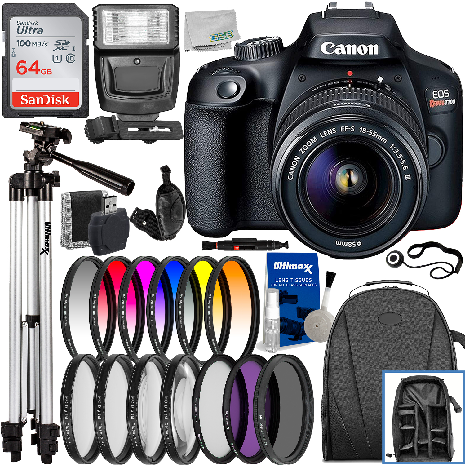 Canon EOS Rebel T100 DSLR Camera with EF-S 18-55mm f/3.5-5.6 DC III Lens & Deluxe Accessory Bundle - Includes: SanDisk Ultra 64GB Memory Card, Water Resistant Backpack, Digital Slave Flash & Much More