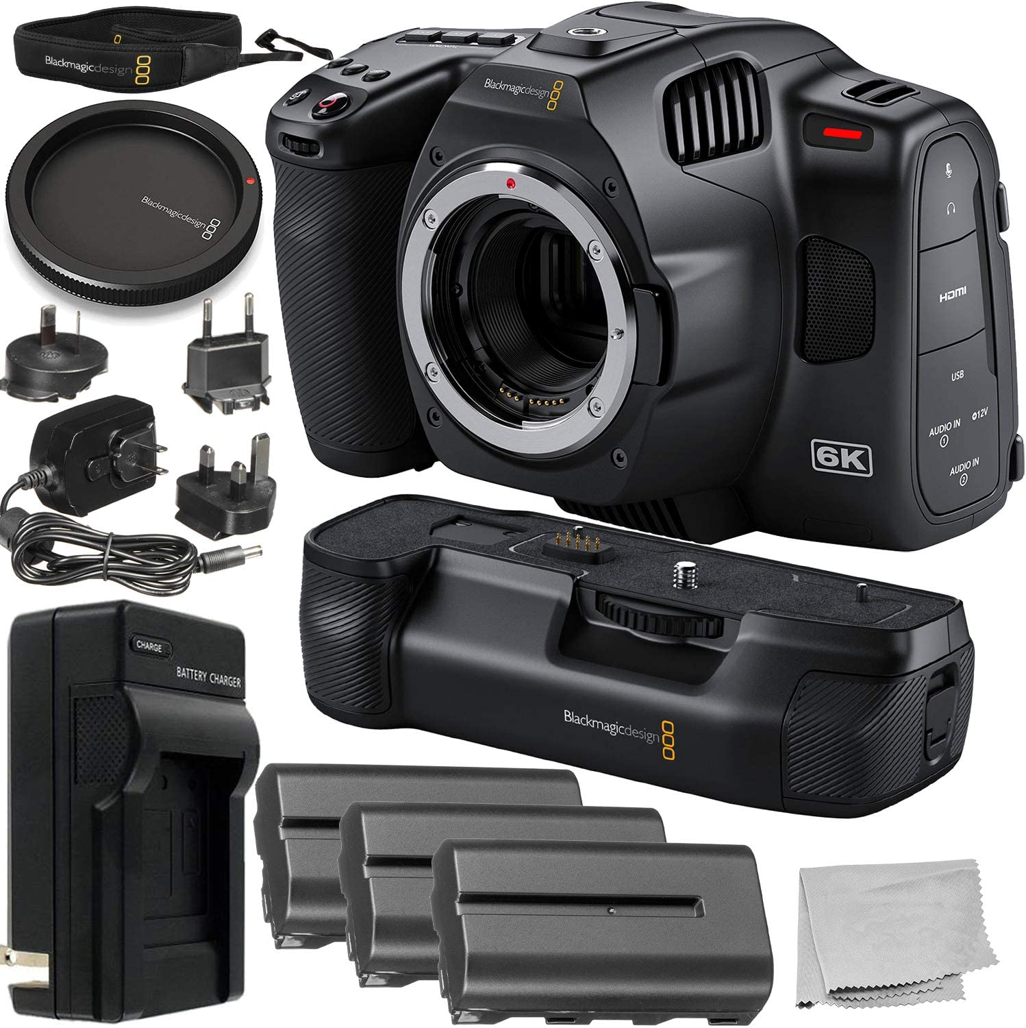 Blackmagic Design Pocket Cinema 6K Pro Camera (EF Mount) with Blackmagic Cinema Battery Grip and Starter Bundle - Includes: 3X Replacement Batteries, AC/DC Rapid Travel Charger and More