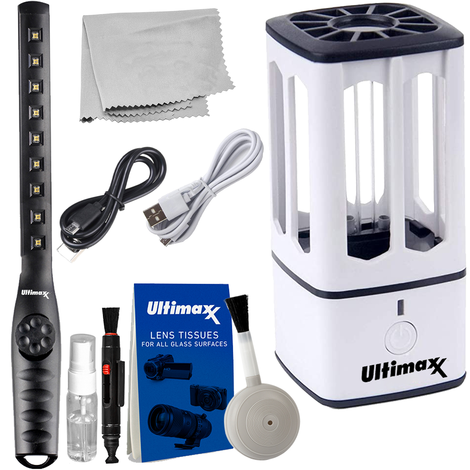Ultimaxx Mini Portable UV Disinfecting Lamp with Travel Essentials Bundle - Includes: Ultimaxx Rechargeable Handheld UV-C Wand w/ 9 UV Bulbs, 5 Piece Maintenance Kit for Lenses & Screens & More