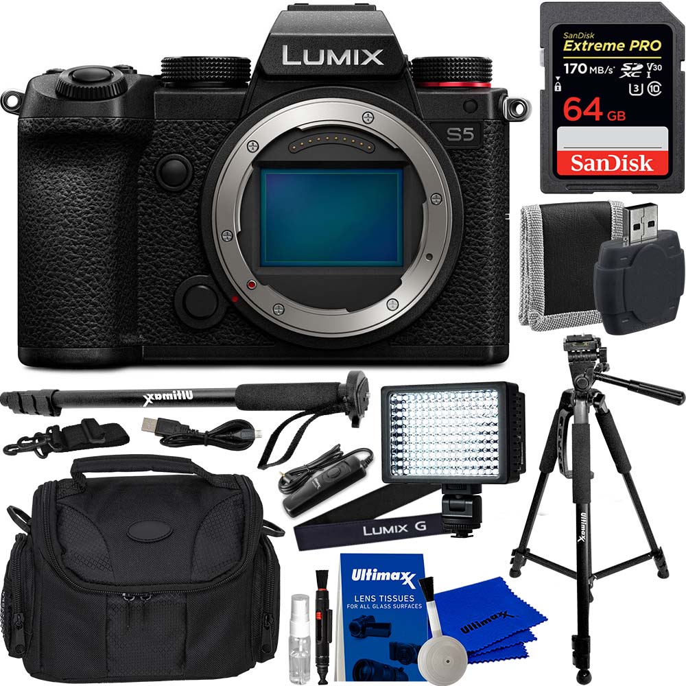 Panasonic Lumix DC-S5 Mirrorless Digital Camera (Body Only)  with Advanced Accessory Bundle. Bundle Includes: SanDisk 64GB Extreme Pro Memory Card, 60 Professional Tripod, 160 LED Video Light, Carrying Case and Much More