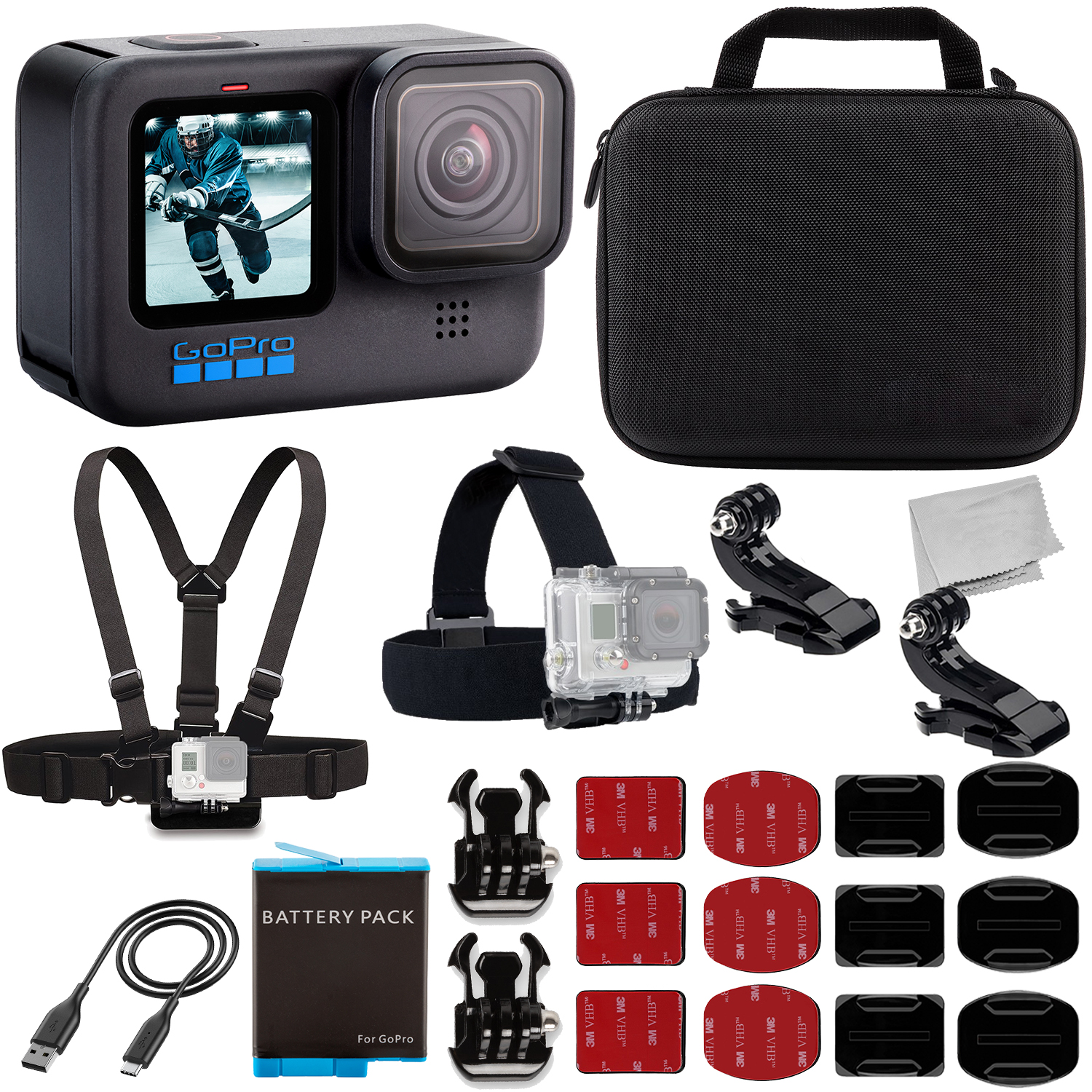 GoPro HERO10 (Hero 10) Black with Starter Accessory Bundle: 1x Replacement Batteries, Water Resistant Action Camera Case, Chest & Head Straps with Action Camera Mount & Much More