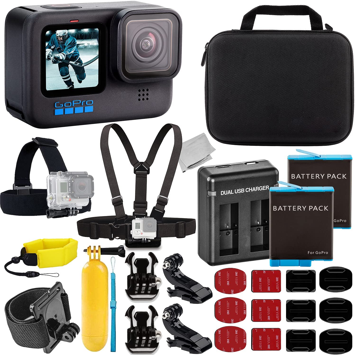 GoPro HERO10 (Hero 10) Black with Essential Accessory Bundle: 2X Replacement Batteries, Dual USB Charger, Water Resistant Action Camera Case, Floating “Bobber” Handle, Chest Strap & Much More