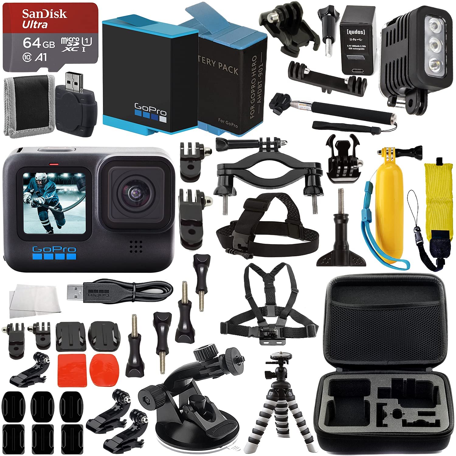 GoPro HERO10 (Hero 10) Black with Premium Accessory Bundle: SanDisk Ultra 64GB microSD Memory Card, Replacement Battery, Underwater LED Light with Bracket, Water Resistant Protective Case & More