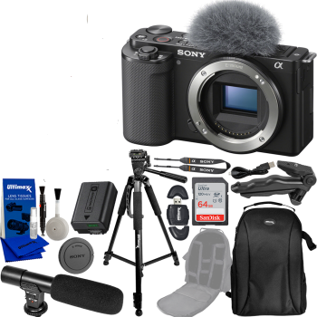 Sony ZV-E10 Mirrorless Camera (Body Only, Black) Vlogging Bundle with SanDisk 64GB Ultra Memory Card, Bluestone Dual Ring Light, 60in Professional Tripod, Video Microphone and Much More.