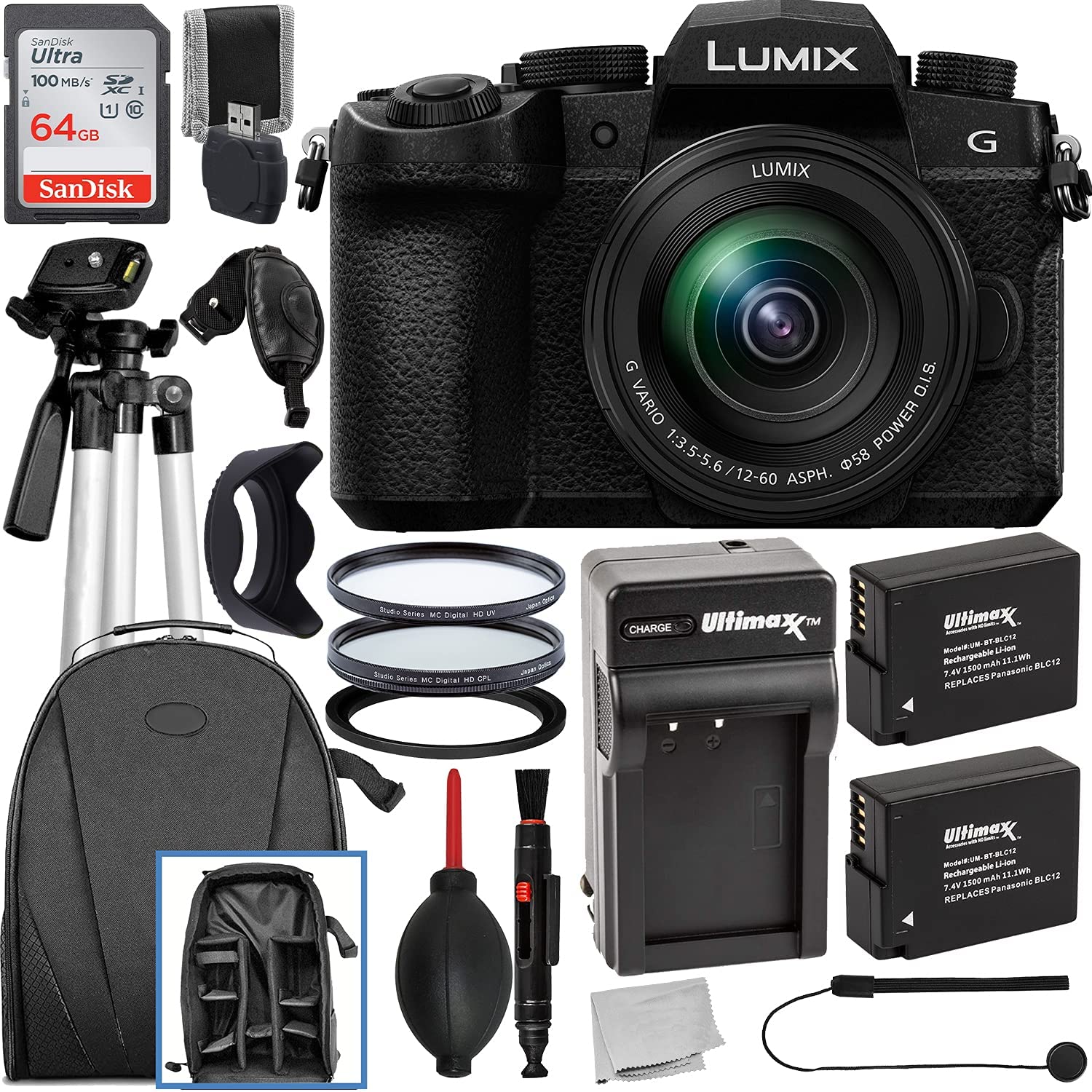 Panasonic Lumix DC-G95 Mirrorless Digital Camera with 12-60mm Lens & Deluxe Accessory Bundle: SanDisk Ultra 64GB SDXC, Lightweight 50” Tripod, 2X Replacement BLC12 Batteries & Much More