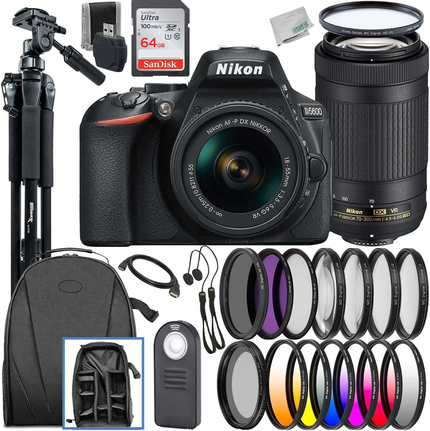 Nikon D5600 DSLR Camera with AF-P DX NIKKOR 18-55mm f/3.5-5.6G VR & AF-P DX NIKKOR 70-300mm f/4.5-6.3G ED VR Lenses & Deluxe Accessory Bundle: SanDisk Ultra 64GB SDXC, Lightweight Tripod & Much More