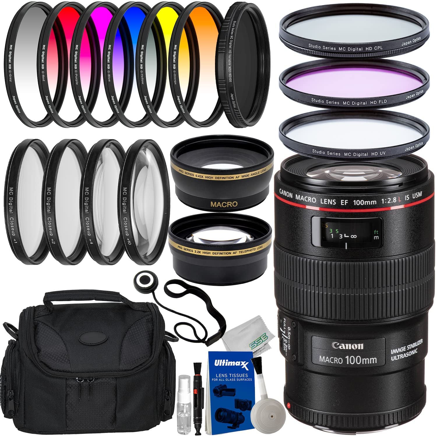 Canon EF 100mm f/2.8L Macro is USM Lens with Deluxe Accessory Bundle: Water Resistant Gadget Bag, Variable Neutral Density Filter (ND2 - ND400), 6PC Gradual Color Filter Kit & Much More