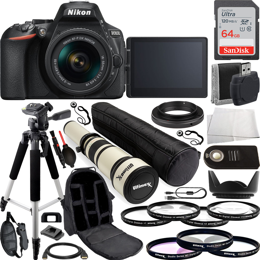Nikon D5600 DSLR Camera with Nikkor AF-P 18-55mm f3.5-5.6G VR Lens with Ultimaxx 650- 1300mm Manual Zoom Lens and Essential Accessory Bundle.