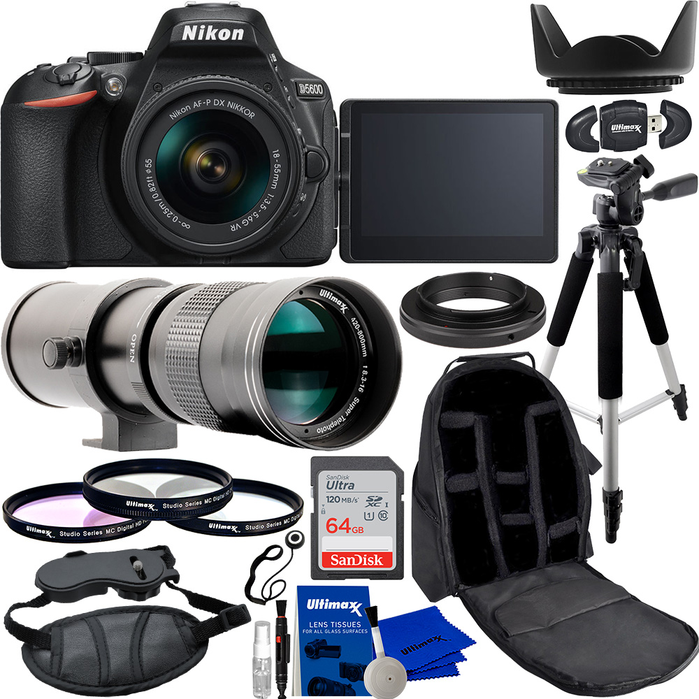 Nikon D5600 DSLR Camera with Nikkor AF-P 18-55mm f3.5-5.6G VR Lens with Ultimaxx 420- 800mm f/8.3-16 Super HD Manual Telephoto Zoom Lens and Must Have Starter Bundle. Includes SanDisk 64GB Ultra SDXC Memory Card and Much More.