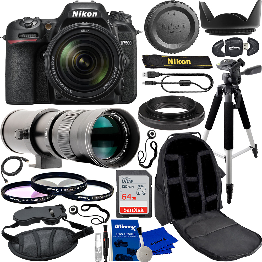 Nikon D7500 DSLR Camera with Nikkor AF-S DX 18-140mm f/3.5-5.6G ED VR Lens with Ultimaxx 420-800mm f/8.3-16 Super HD Manual Telephoto Zoom Lens and Must Have Starter Accessory Bundle.