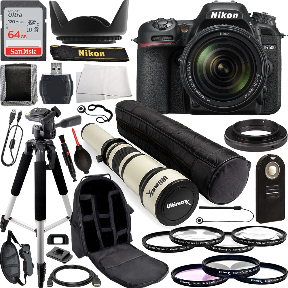 Nikon D7500 DSLR Camera with AF-S DX Nikkor 18-140mm f/3.5-5.6G ED VR Lens with Ultimaxx 650-1300mm Manual Zoom Lens and Essential Accessory Bundle. Includes SanDisk 64GB Ultra SDXC Memory Card and Much More.