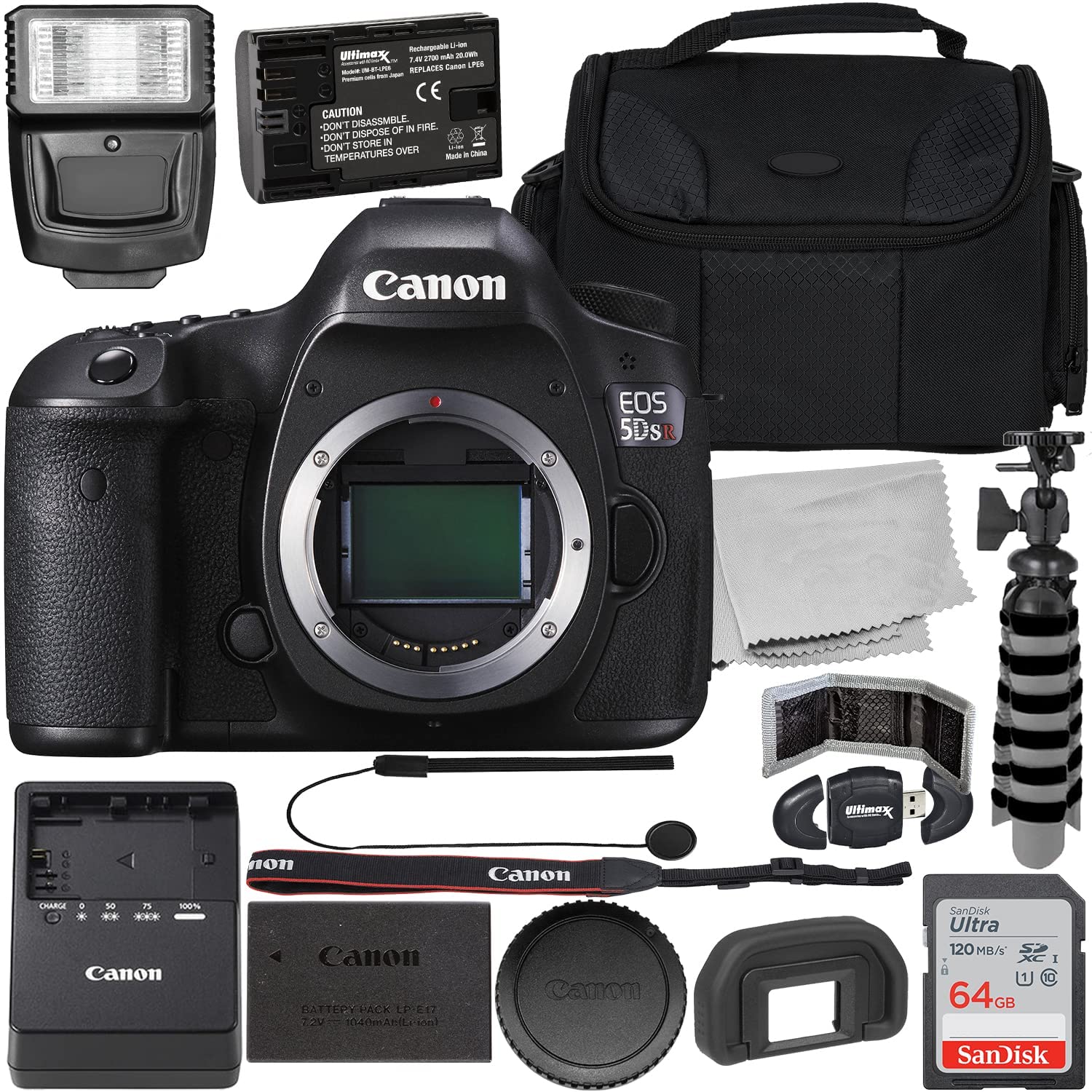 Canon EOS 5DS R DSLR Camera (Body Only) + Ultra 64GB SDXC, Digital Flash with 3 Slave Modes, Extended Life Replacement Battery, Water Resistant Gadget Bag & More (18pc Bundle)