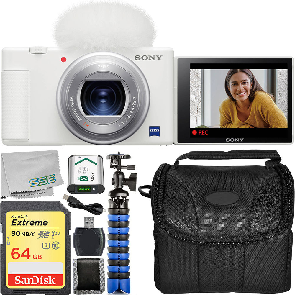 Sony ZV-1 Digital Camera (White) with Starter Vlogging Kit. Includes: 64GB Extreme Memory Card, Wind Screen, Wind Screen Adapter, NP-BX1/M8 Rechargeable Lithium-Ion Battery (3.6V, 1240mAh), 12â? Gripster Tripod, & More.