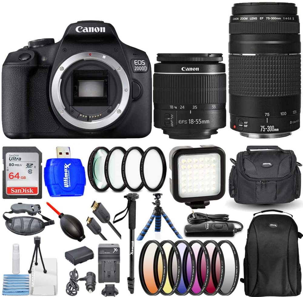 Canon EOS 2000D / Rebel T7 with 18-55mm + 75-300mm 4 Lenses Bundle Includes: Extra Battery and Charger, 64GB Ultra SD, Slave Flasht, Filter Kit, Backpack, 72