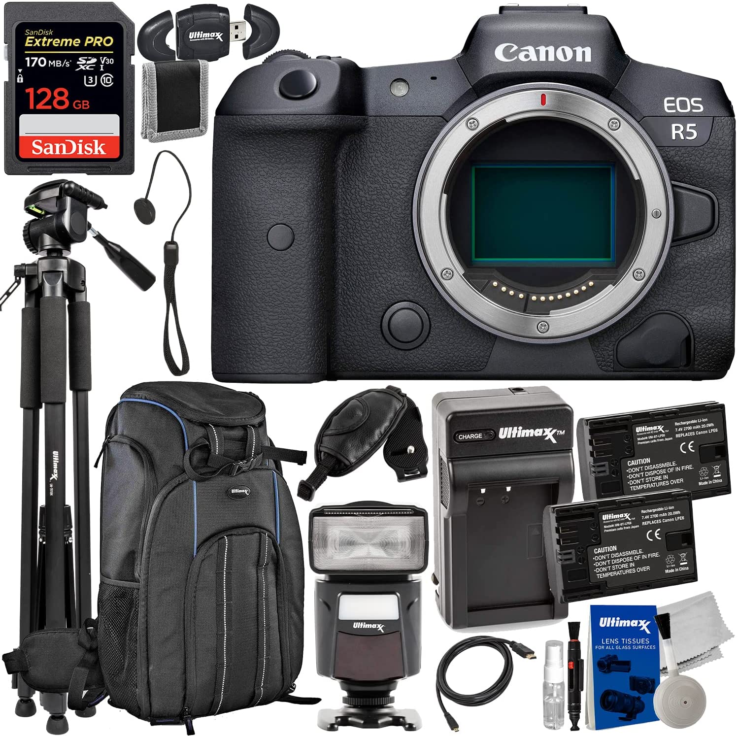 Canon EOS R5 Mirrorless Camera (Body Only) + SD 128GB Extreme Pro SDXC, Deluxe Water-Resistant Backpack, Lightweight 75â? Tripod, 2X Extended Life Batteries w/Travel Charger & Much More (25pc Bundle)