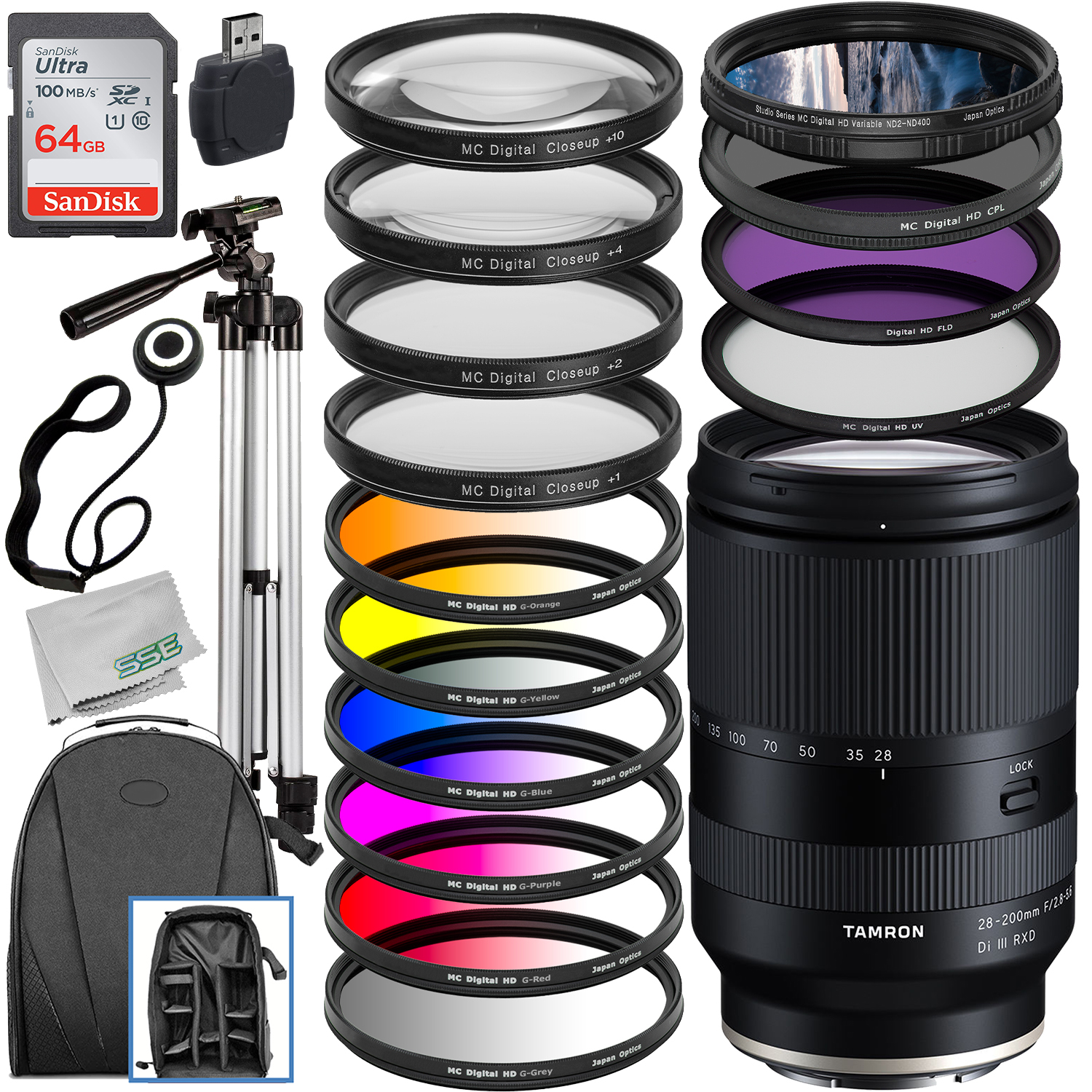 Tamron 28-200mm f/2.8-5.6 Di III RXD Lens for Sony E with Deluxe Accessory Bundle - Includes: SanDisk Ultra 64GB Memory Card, Water Resistant Backpack, Lightweight Tripod, 14PC Filter Kits & Much More