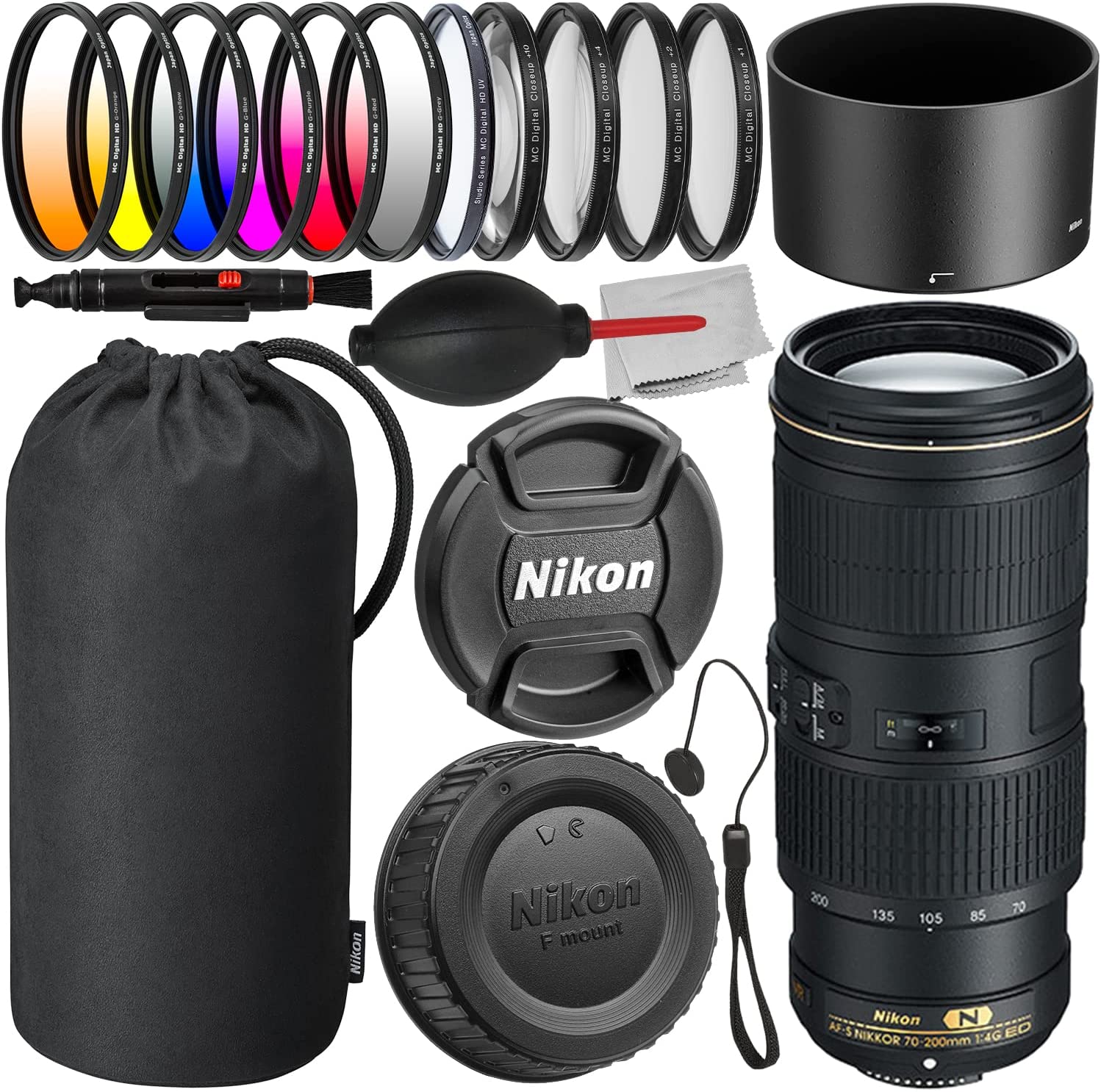 Nikon AF-S NIKKOR 70-200mm f/4G ED VR Lens + 6PC Gradual Color Filter Kit, 4PC Macro Close-Up Filter Kit, Multi-Coated Digital HD UV Filter, Universal Lens Cap Keeper & More (20pc Bundle)