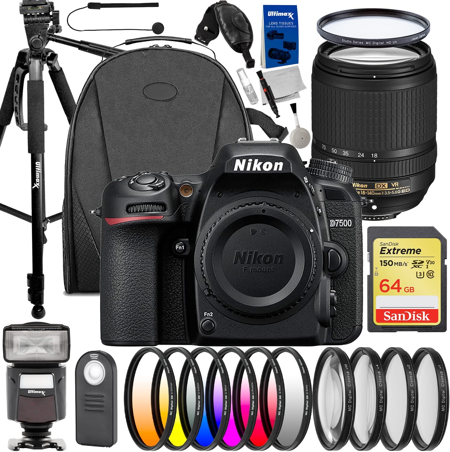 Nikon D7500 DSLR Camera with 18-140mm Lens + SanDisk Extreme 64GB SDXC, Lightweight 60” Tripod, Universal Speedlite with LED Video Light, Infrared Universal Shutter Remote & Much More (32pc Bundle)