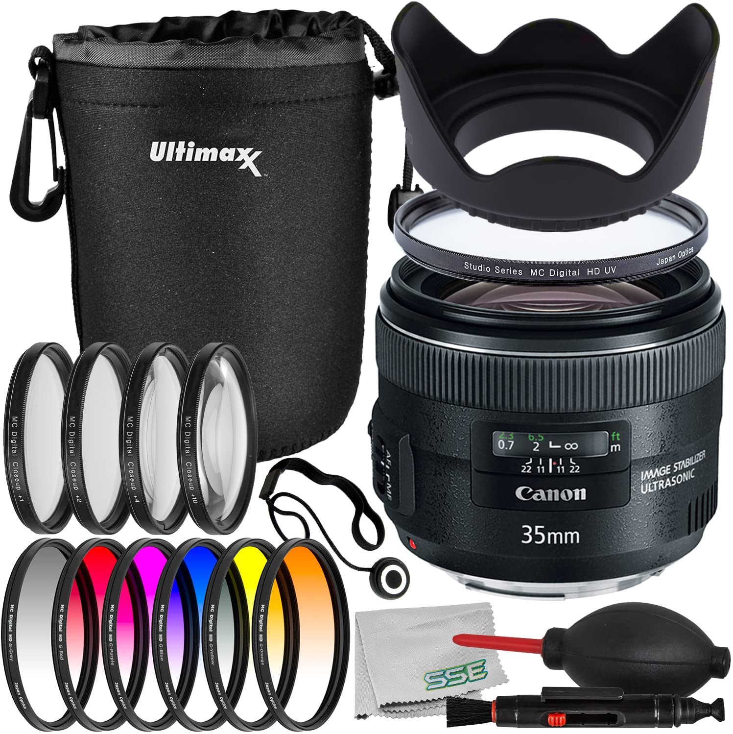 Canon EF 35mm f/2 is USM Lens + Water Resistant Lens Pouch, Multi-Coated Digital HD UV Filter, 4PC Macro Close-Up Filter Kit (+1, 2, 4, 10 Diopter), 6PC Gradual Color Filter Kit &More (20pc Bundle)
