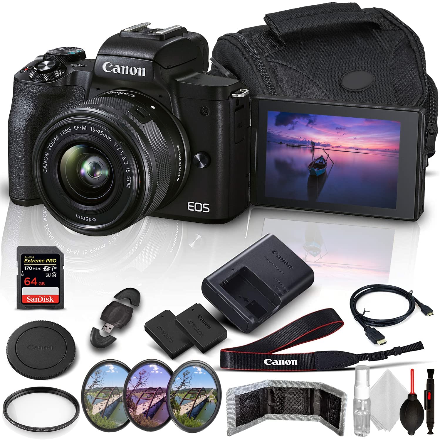 Canon EOS M50 Mark II Mirrorless Digital Camera with 15-45mm Lens (Black) + SanDisk Extreme PRO 64GB Memory Card + Extended Life Spare Battery + Case + 3PC Filter Set + HDMI Cable + More (18pc Bundle)