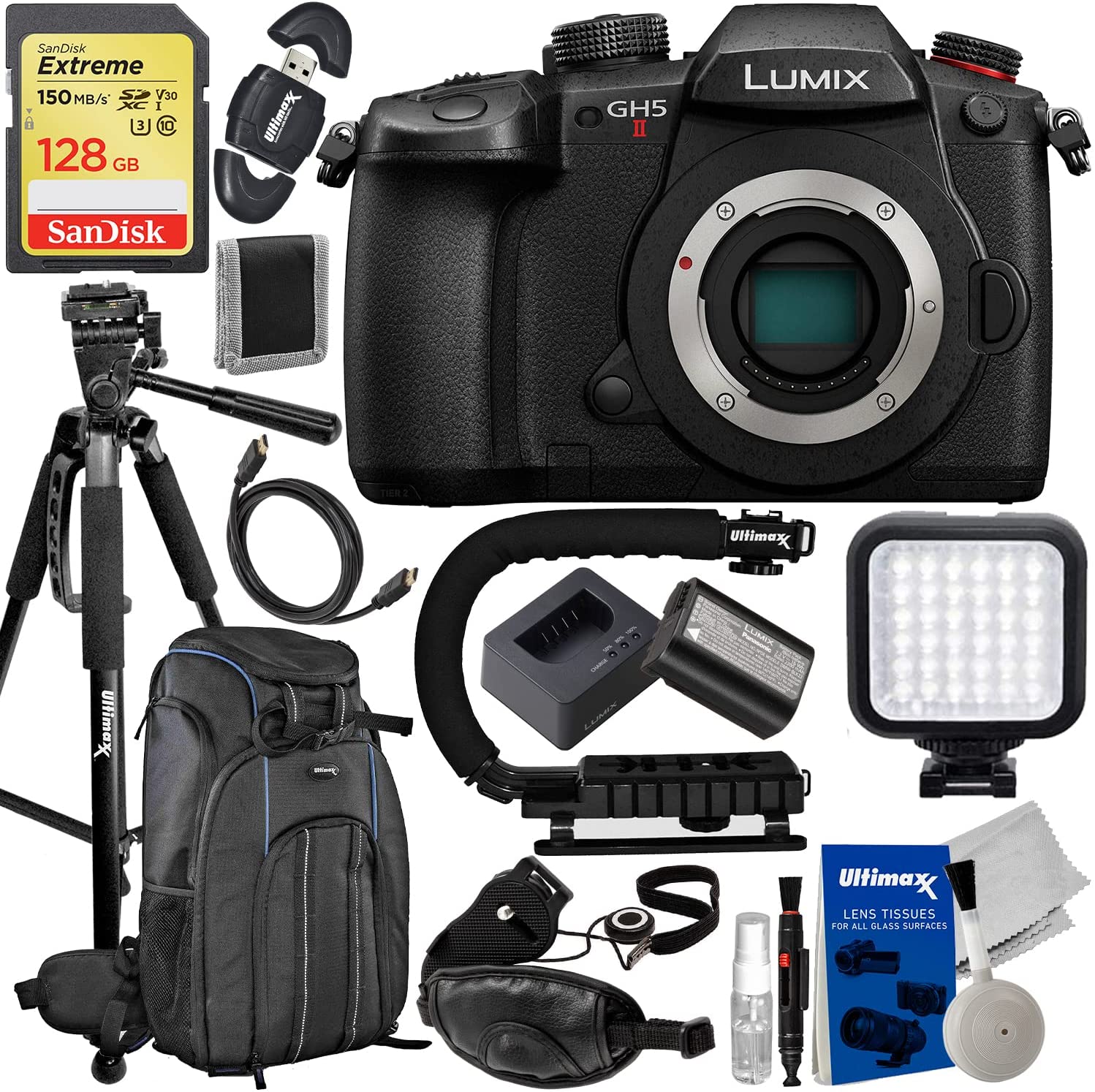 Panasonic Lumix GH5 II Mirrorless Camera (Body Only) + SanDisk 128GB Extreme SDXC, Deluxe Water-Resistant Camera Backpack, Lightweight 60” Tripod, Action Grip Stabilizer & Much More (22pc Bundle)