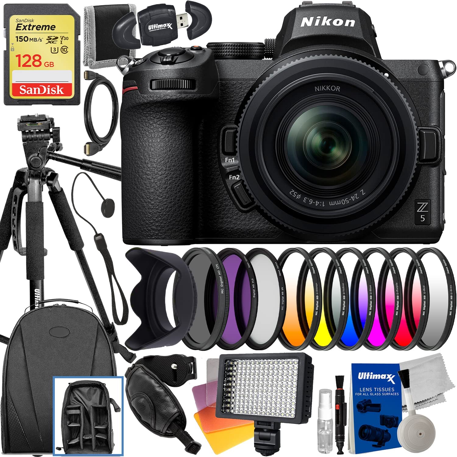 Nikon Z5 Mirrorless Camera with 24-50mm Lens + SanDisk 128GB Extreme SDXC, Ultra Bright 160 LED Video Light, Lightweight 60” Tripod, 6PC Gradual Color Filter Kit & Much More (33pc Bundle)