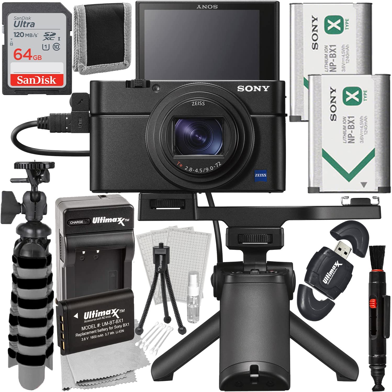 Sony Cyber-Shot DSC-RX100 VII Digital Camera with Shooting Grip Kit + SanDisk 64GB Ultra SDXC Memory Card, Extended Life Replacement Battery, Mini Flexible â??Gripsterâ? Tripod & More (23pc Bundle)