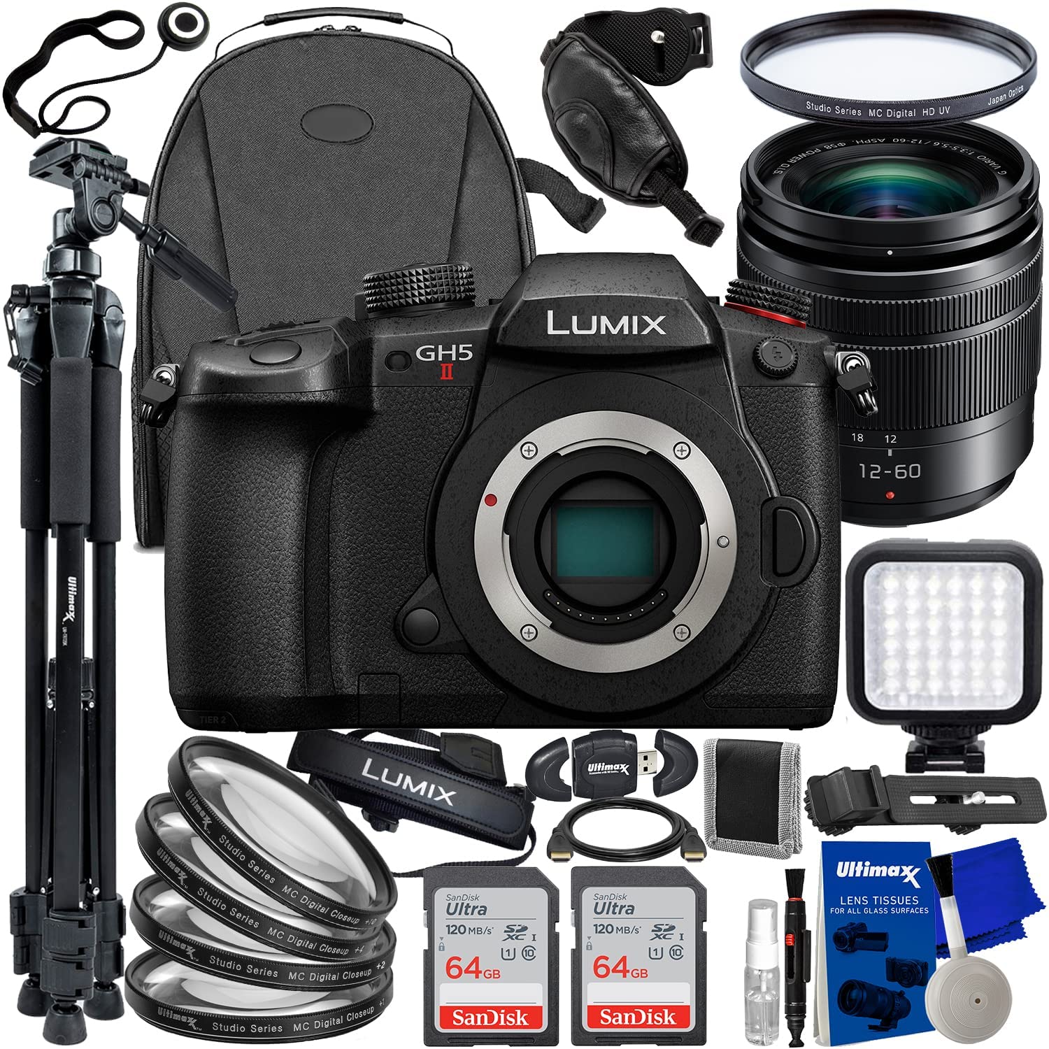 Panasonic Lumix GH5 II Mirrorless Camera with 12-60mm f/3.5-5.6 Lens + 2X SanDisk 64GB Ultra Memory Cards, Water-Resistant Camera Backpack, Lightweight 72” Tripod & Much More (32pc Bundle)