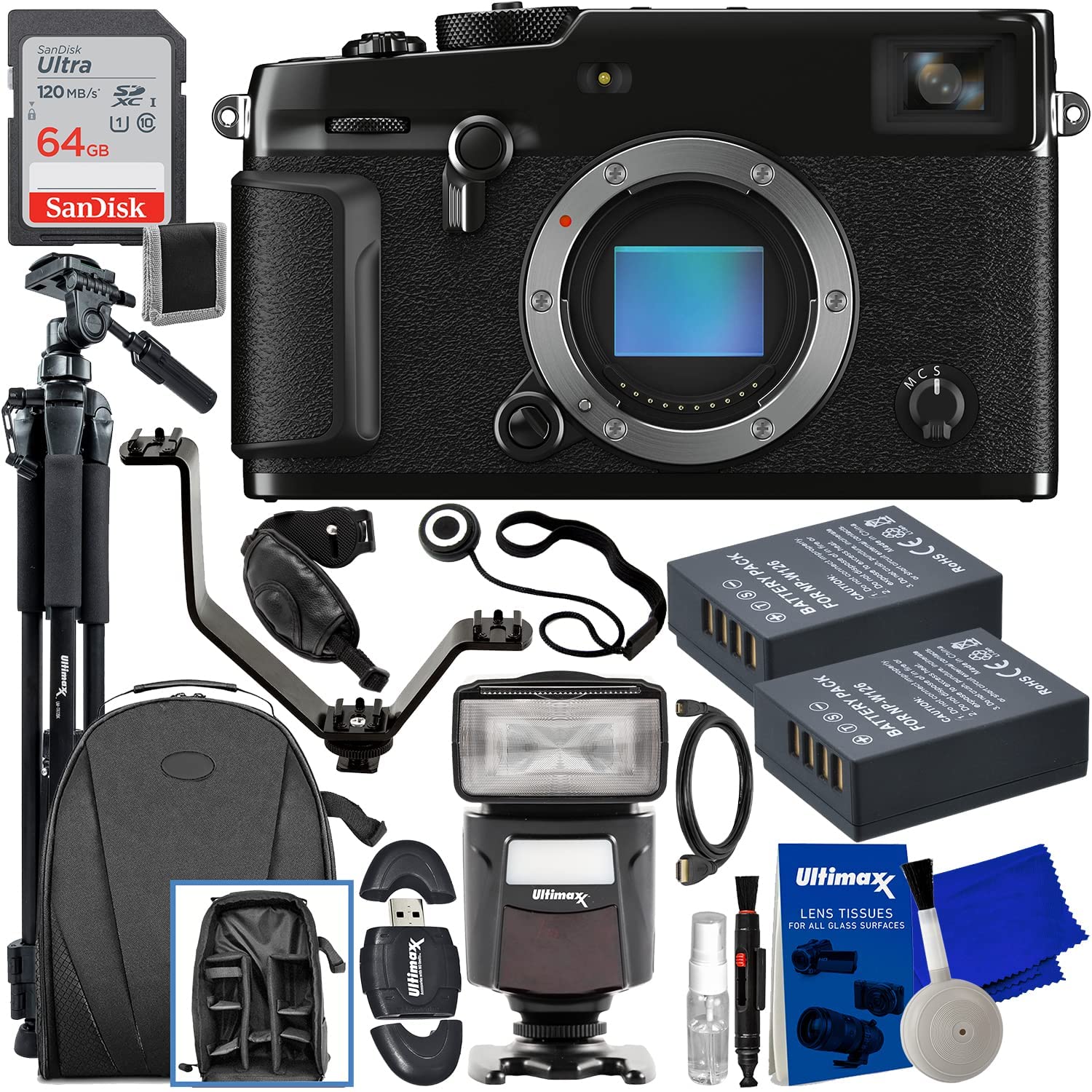 FUJIFILM X-Pro3 Mirrorless Camera (Body Only, Black) + SanDisk 64GB Ultra SDXC Memory Card, V-Shaped Flash Bracket with 3 Cold Shoes, 2X Replacement Batteries & Much More (28pc Bundle)