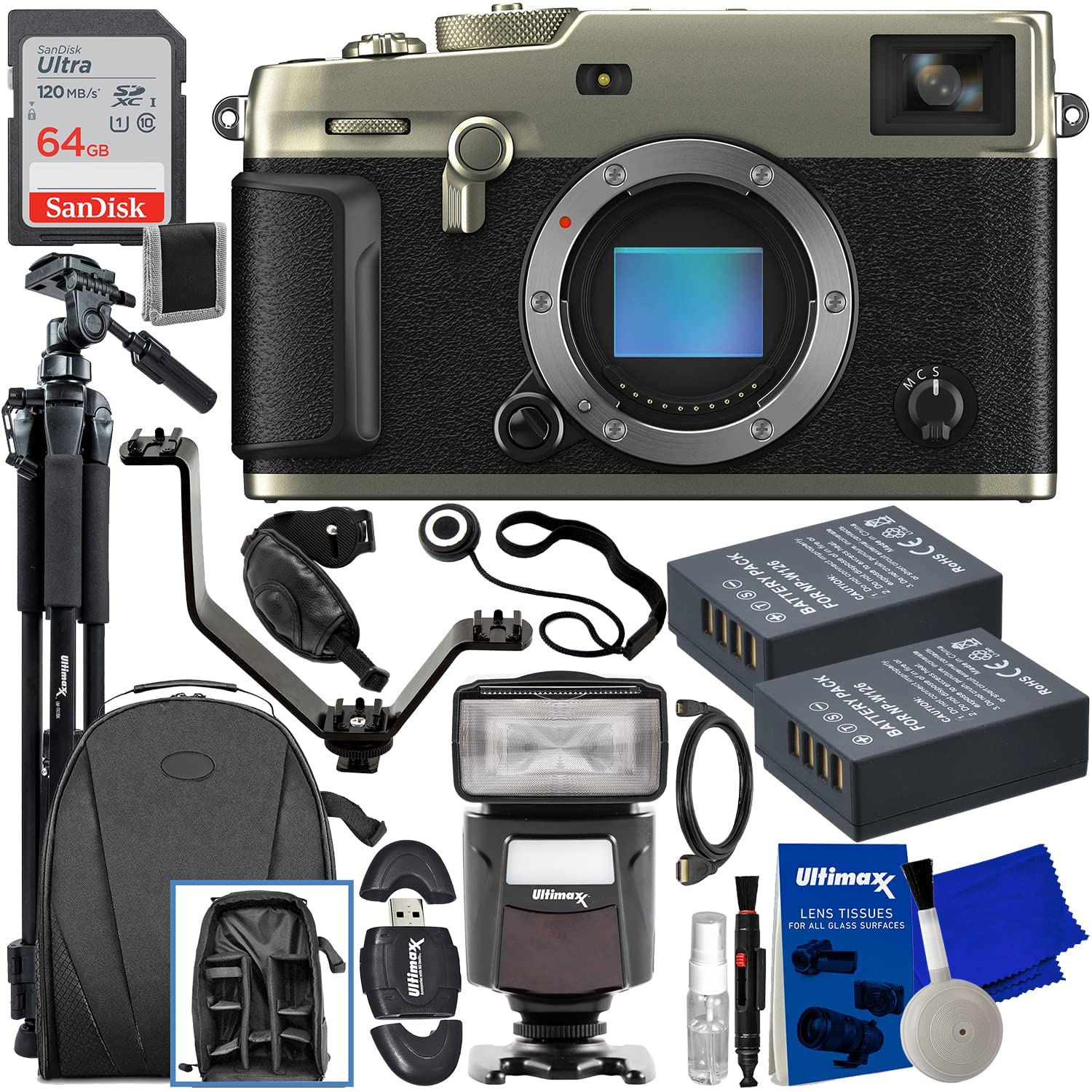 FUJIFILM X-Pro3 Mirrorless Camera (Body Only, Dura Silver) + SanDisk 64GB Ultra SDXC Memory Card, Water-Resistant Camera Backpack, 2X Replacement Batteries & Much More (28pc Bundle)