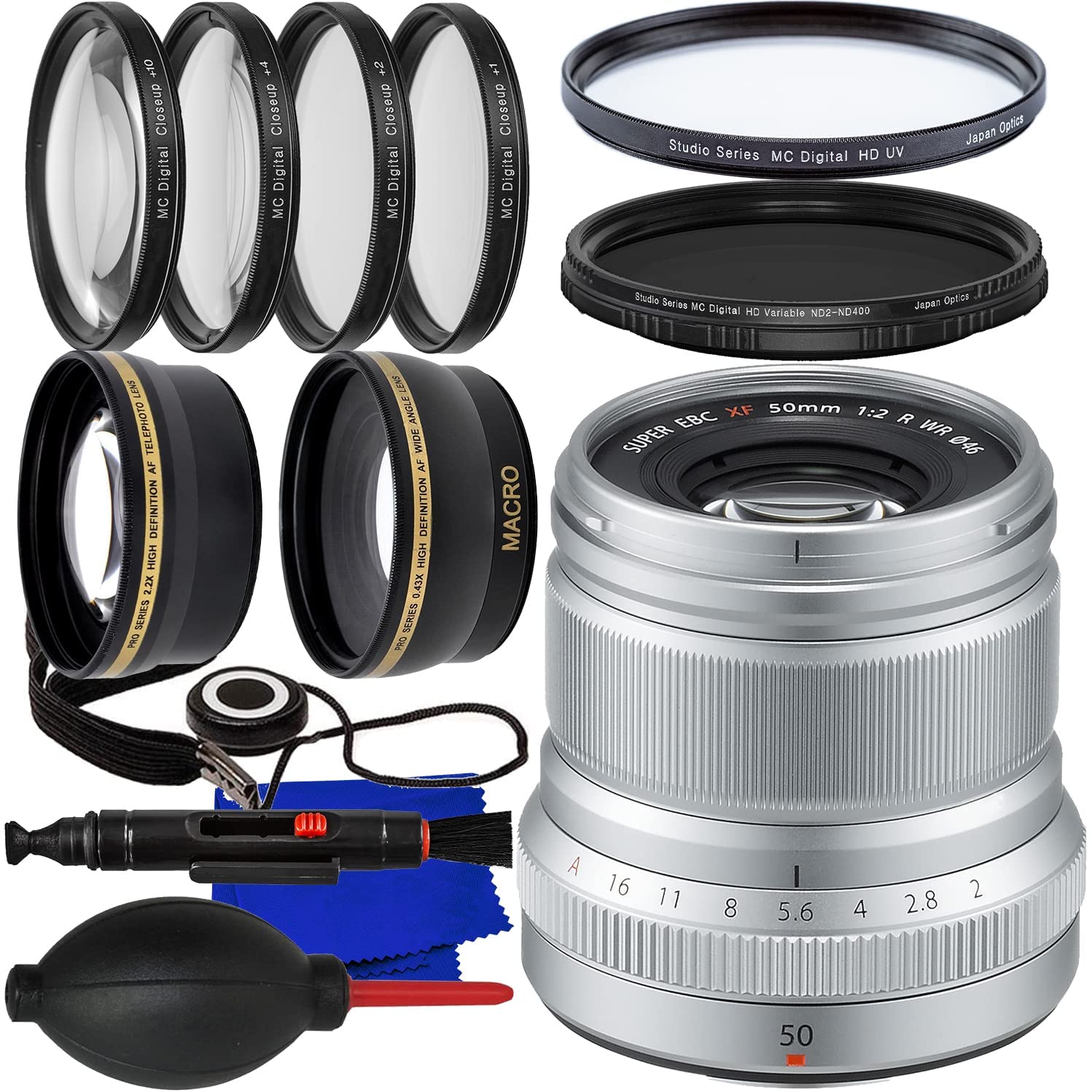 FUJIFILM XF 50mm f/2 R WR Lens (Silver) + Variable Neutral Density Filter (ND2-ND400), 2.2X Telephoto Lens Attachment, 0.43x Wide-Angle Lens Attachment with Detachable Macro & More (17pc Bundle)