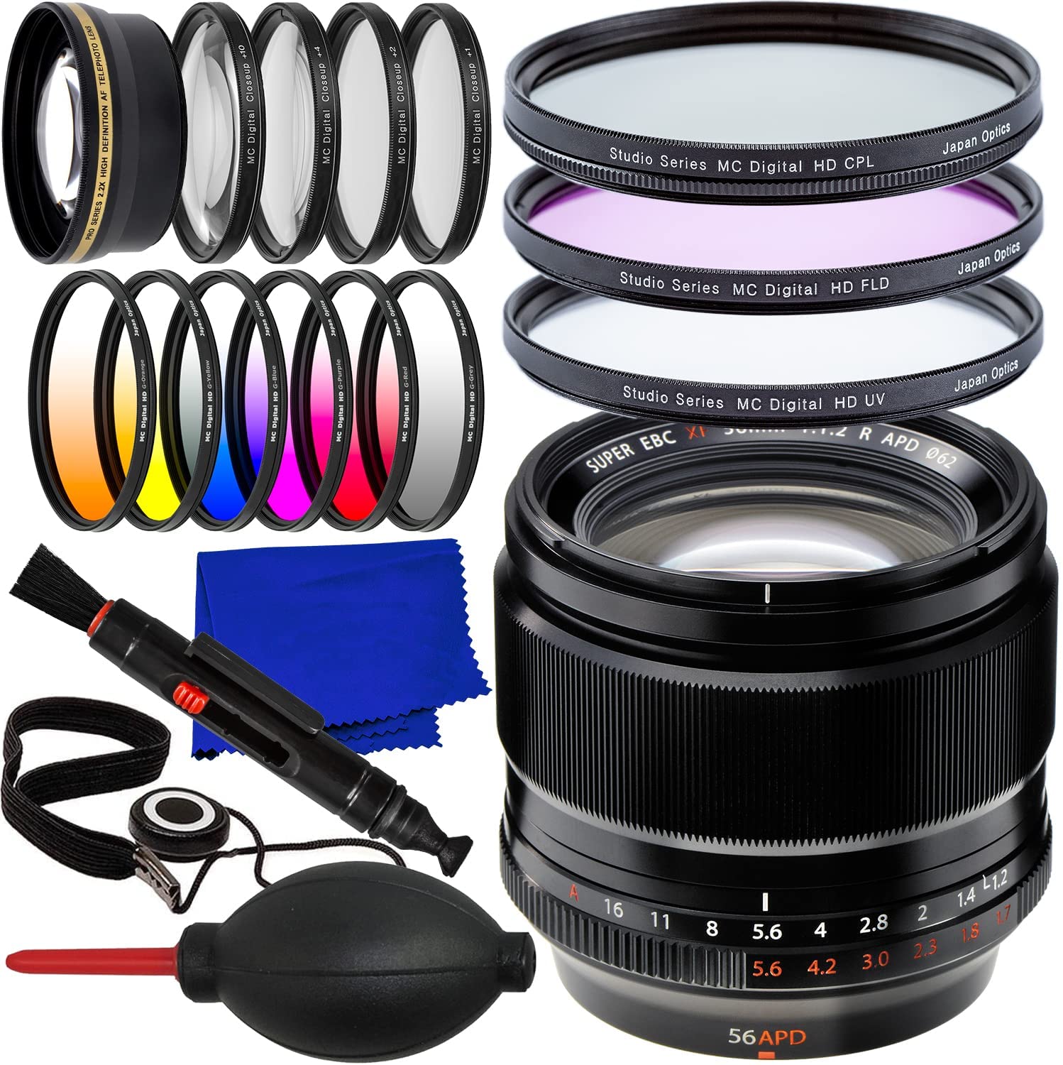 Fujifilm XF 56mm f/1.2 R APD Lens + 6PC Gradual Color Filter Kit, 2.2X Telephoto Lens Attachment, 3PC UV Filter Kit (UV, CPL, FLD), 4PC Macro Close-Up Filter Kit & More (24pc Bundle)