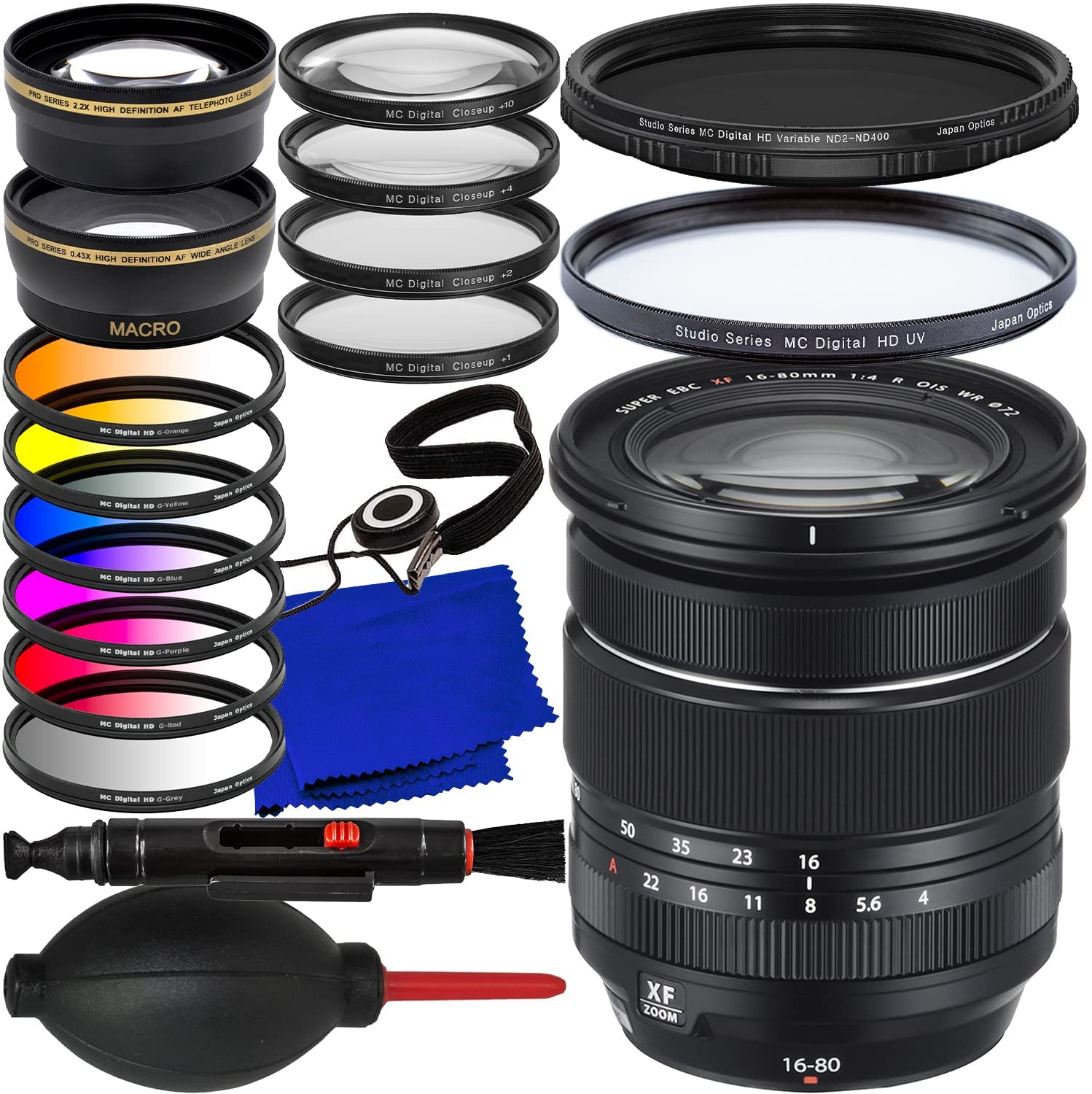 FUJIFILM XF 16-80mm f/4 R OIS WR Lens + 0.43x Wide-Angle Lens Attachment with Detachable Macro, Variable Neutral Density Filter (ND2 - ND400), Protective UV Filter & Much More(23pc Bundle)