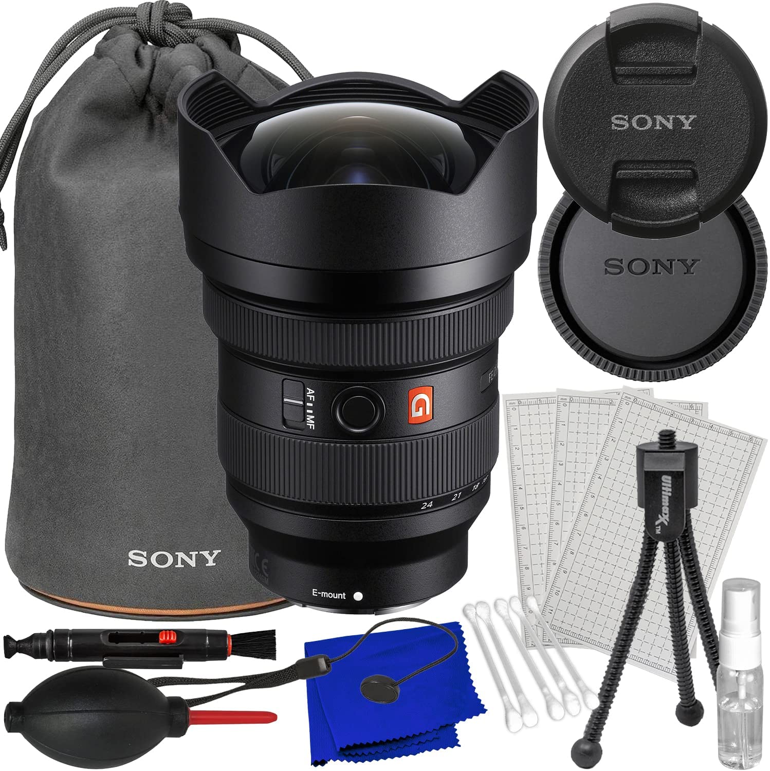Sony FE 12-24mm f/2.8 GM Lens + Filter Cutting Template, Front & Rear Lens Cap, Lens Case, Universal Lens Cap Keeper, Dual - Ended Gadget Cleaning Pen, Starter 5PC Maintenance Kit & More (13pc Bundle)