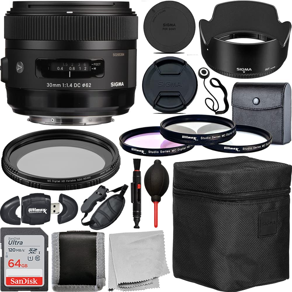 Sigma 30mm f/1.4 DC HSM Art Lens for Sony A with Advanced Accessory Bundle. Includes: 64GB Ultra SDXC Memory Card, Lens Hood, Lens Pouch, 3pc Filter Kit, Variable Neutral Density Filter, & Much More.