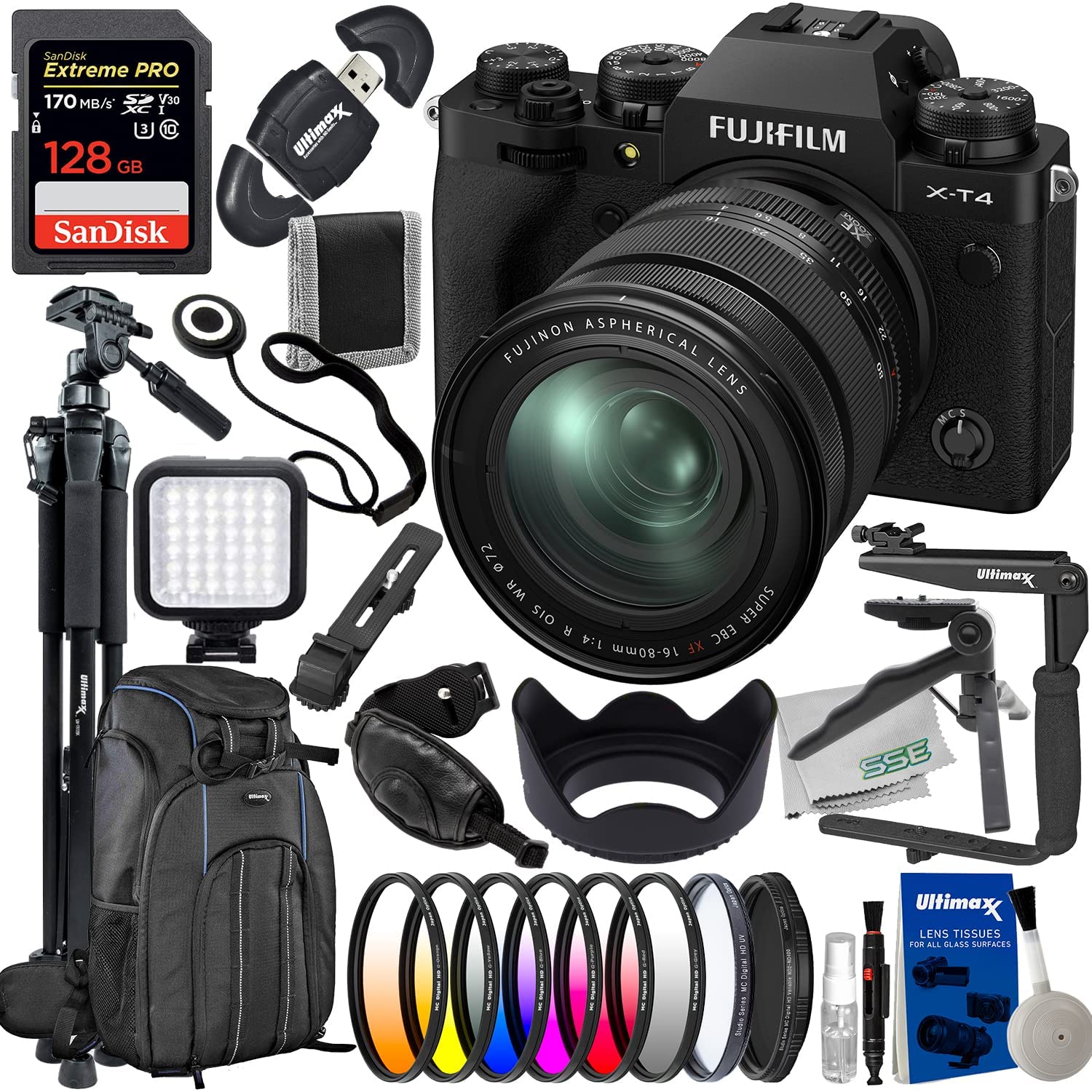 FUJIFILM X-T4 Mirrorless Camera with 16-80mm Lens (Black) + SanDisk 128GB Extreme Pro SDXC, Deluxe Camera Backpack, Lightweight 72â? Tripod, LED Video Light & Much More (36pc Bundle)