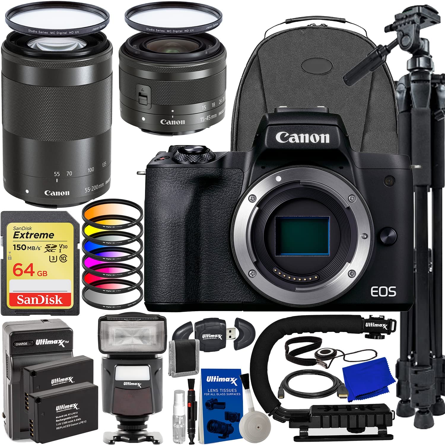 Canon EOS M50 Mark II Mirrorless Camera with 15-45mm and 55-200mm Lenses + SanDisk 64GB Extreme SDXC, 2X Replacement Batteries, Speedlite w/LED Video Light, 72” Tripod & Much More (41pc Bundle)